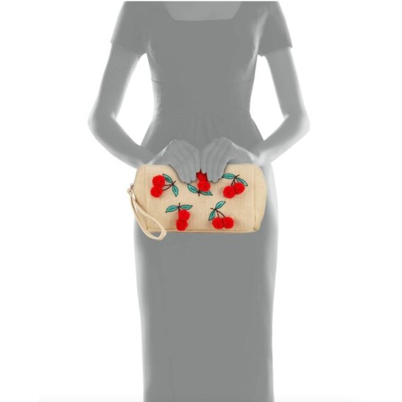 NWT CIRCUS BY SAM EDELMAN Pippa Jute Clutch Bag with Embroidered Pompom Cherries - Picture 4 of 7